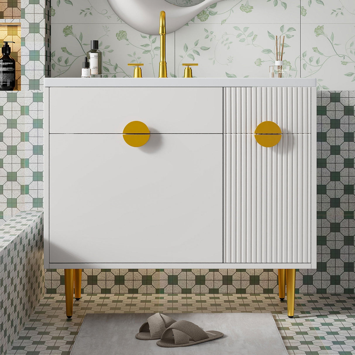 Bathroom Vanity With Sink, Storage Cabinet Soft Closing Door And Drop Down Compartment - White