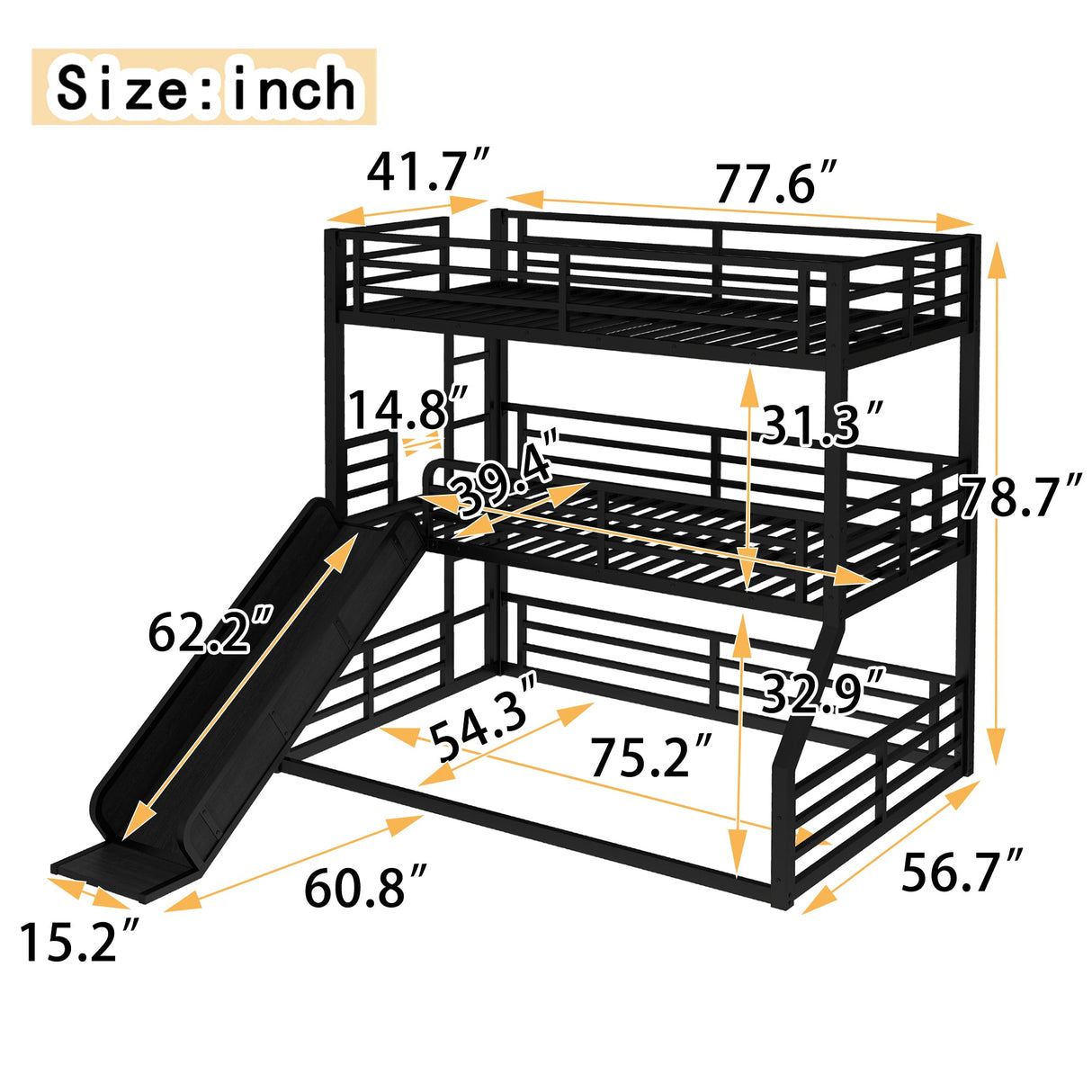 Twin Over Twin Over Full Bunk Bed with Slide