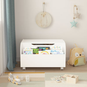 Toy Box with 4 Universal Wheels, Kids Playroom Storage Organizer with Front Bookshelf, Flip Top Lid - White