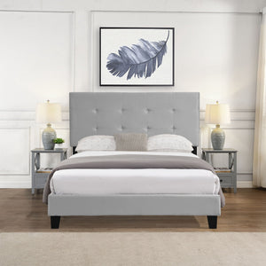 Queen Size Upholstered Platform Bed Frame With Pull Point Tufted Headboard, Strong Slat Support, Mattress Foundation, No Box Spring Needed - Gray