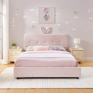 Upholstered Bed With Oversized Rabbit Ear Headboard, LED Lights & 4 Storage Drawers