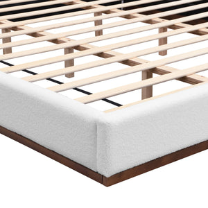 Elegant Boucle Upholstered Bed With Wood Grain Textured Solid Wood Base Frame