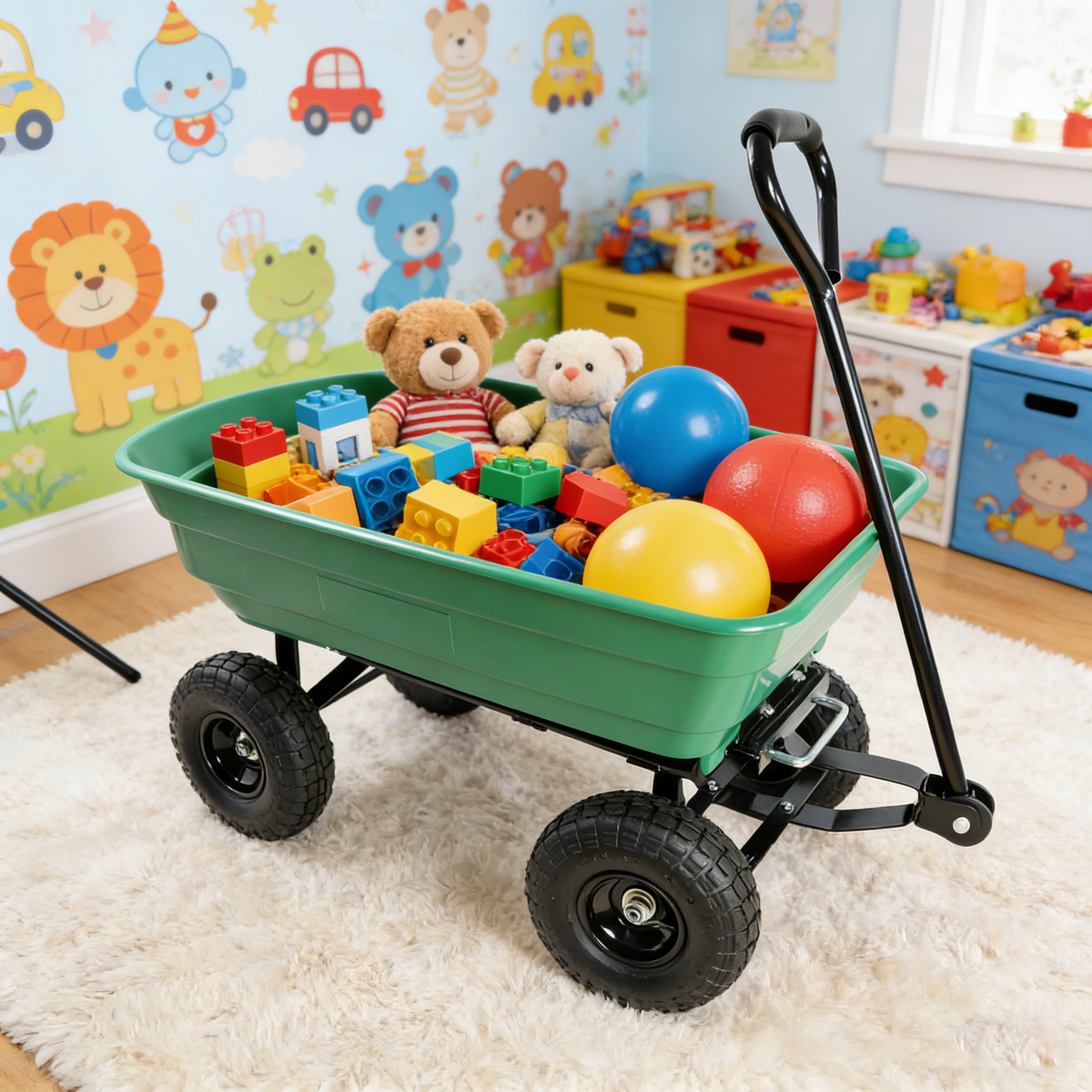 Folding Poly Garden Dump Truck with Steel Frame and Pneumatic Tires - Green