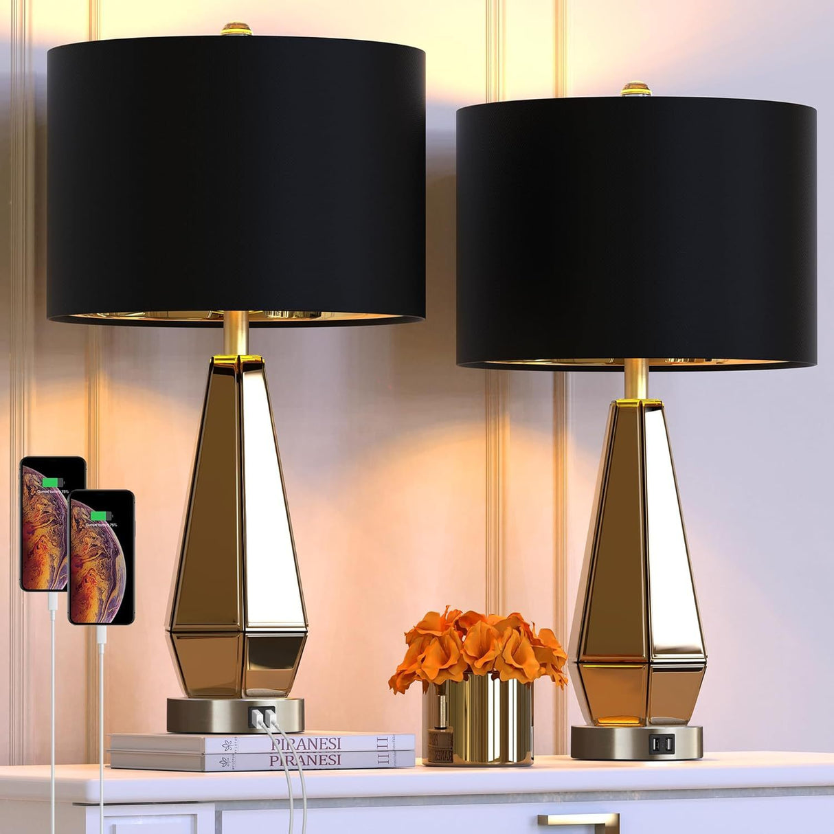 Set of 2 Mirrored Glass Bedside Table Lamps with 2 USB Ports for Bedrooms Modern Amber Side Nightstand Lamps
