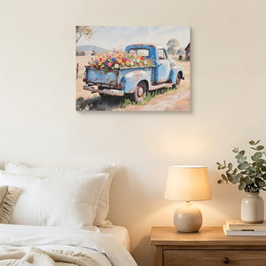 Farmhouse Old Truck Canvas Wall Art, Bloom Wall Art, Country Antique Pickup Truck Canvas Prints, Blue Truck With Red Floral Flower Art Prints for Farmhouse Spring Decor 12' Hx16' W Inches