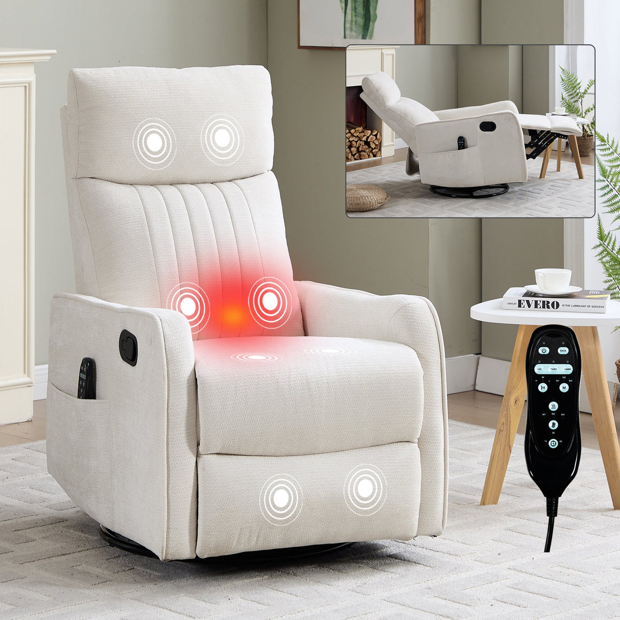 Beige Heat Massage Manual Recliner Chair with Rocker and Swivel