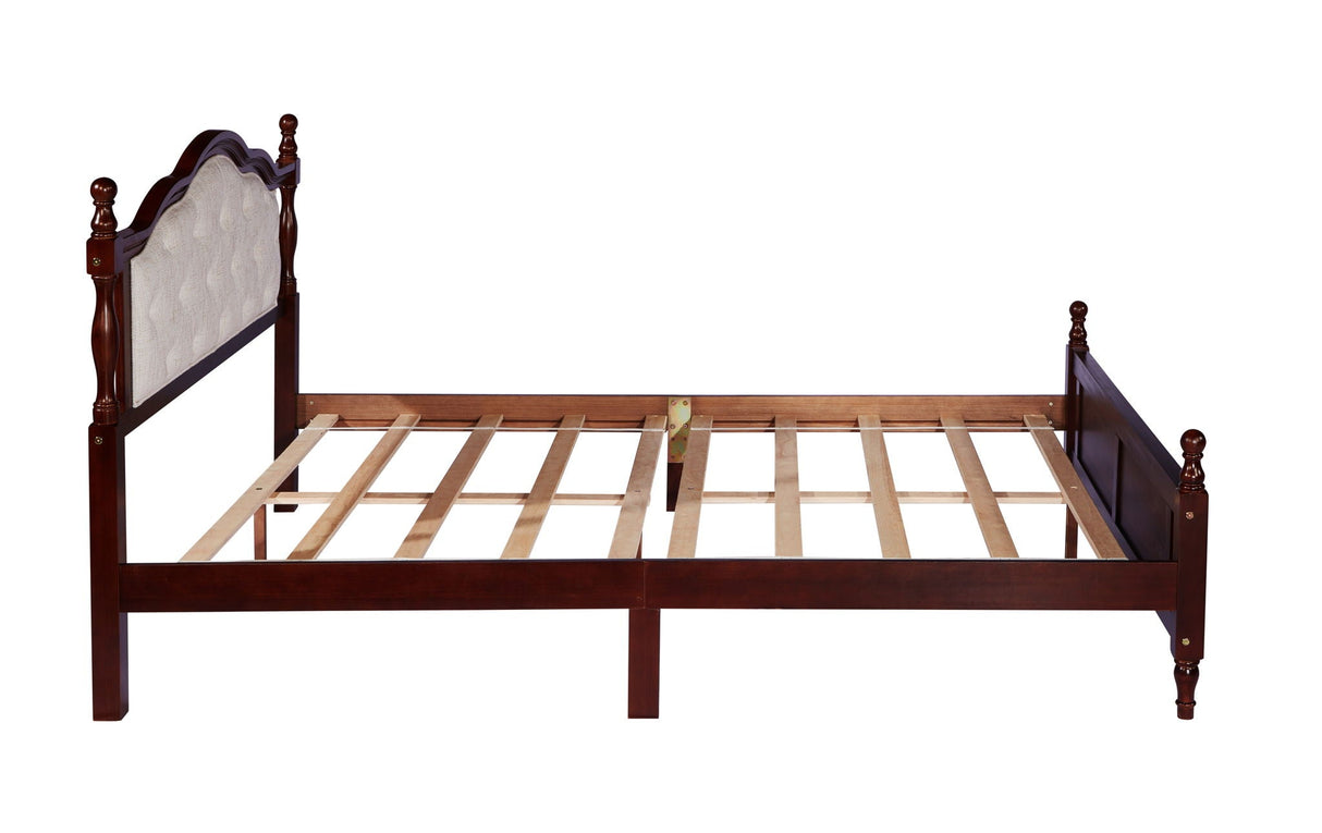 Pine Wooden Bed With Upholstered Headboard And Panel Footboard, With Two Bed Rail Support Feet And Central Platform Support Feet