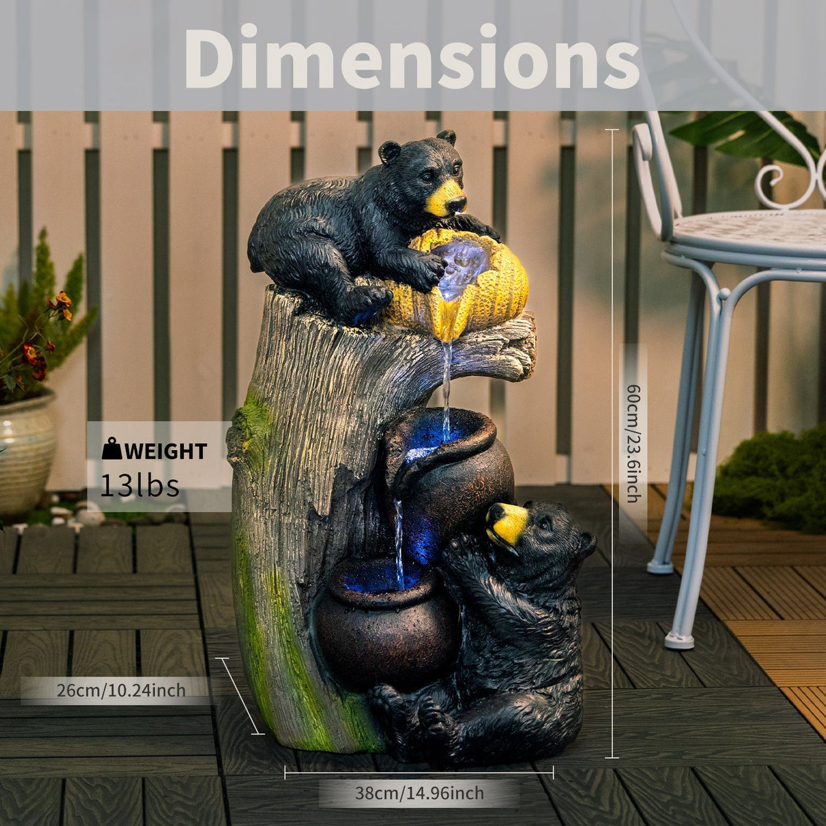 Bear Outdoor Water Fountain with LED Lights - Brown Grey