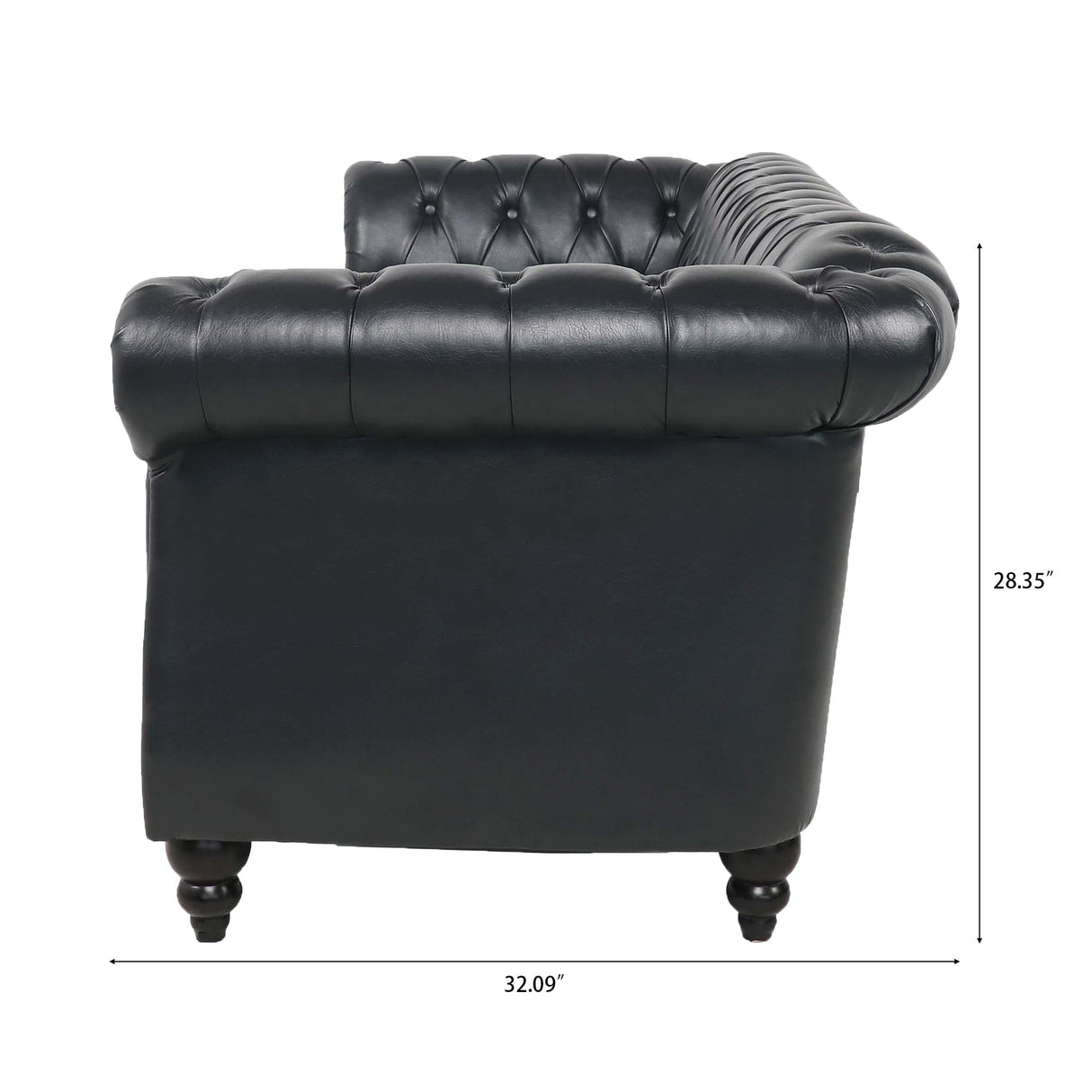 84.65' Black PU Rolled Arm Chesterfield Three Seater Sofa