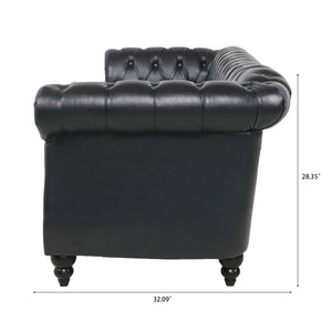 84.65' Black PU Rolled Arm Chesterfield Three Seater Sofa