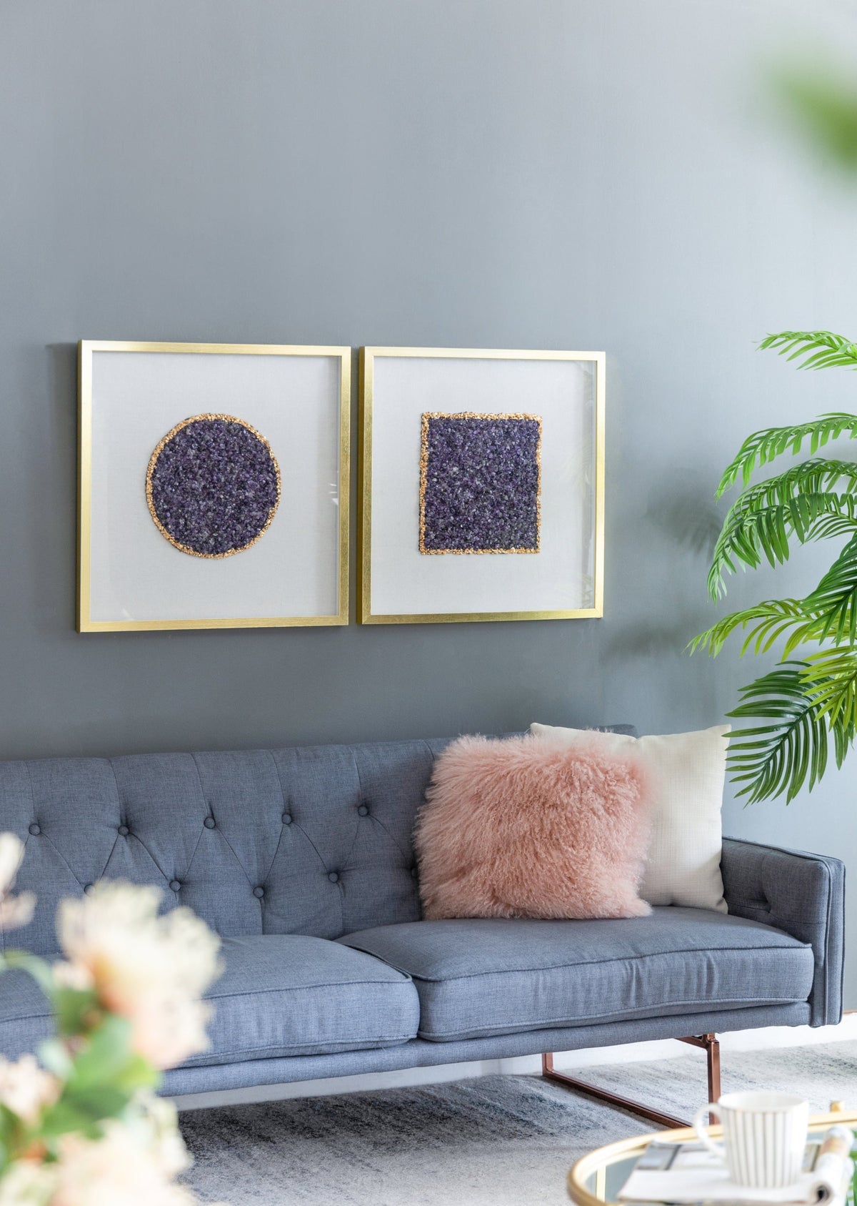 Elegant Shadow Box Duo Wall Art with Purple Amethyst Crystals - Neutral/Gold