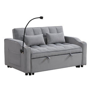 Modern Velvet Sleeper Loveseat with Pullout Bed and USB Ports - Light Gray