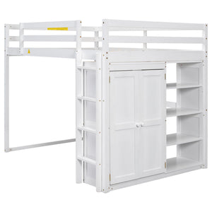 Loft Bed With Built In Wardrobe, Storage Shelves, And LED Light