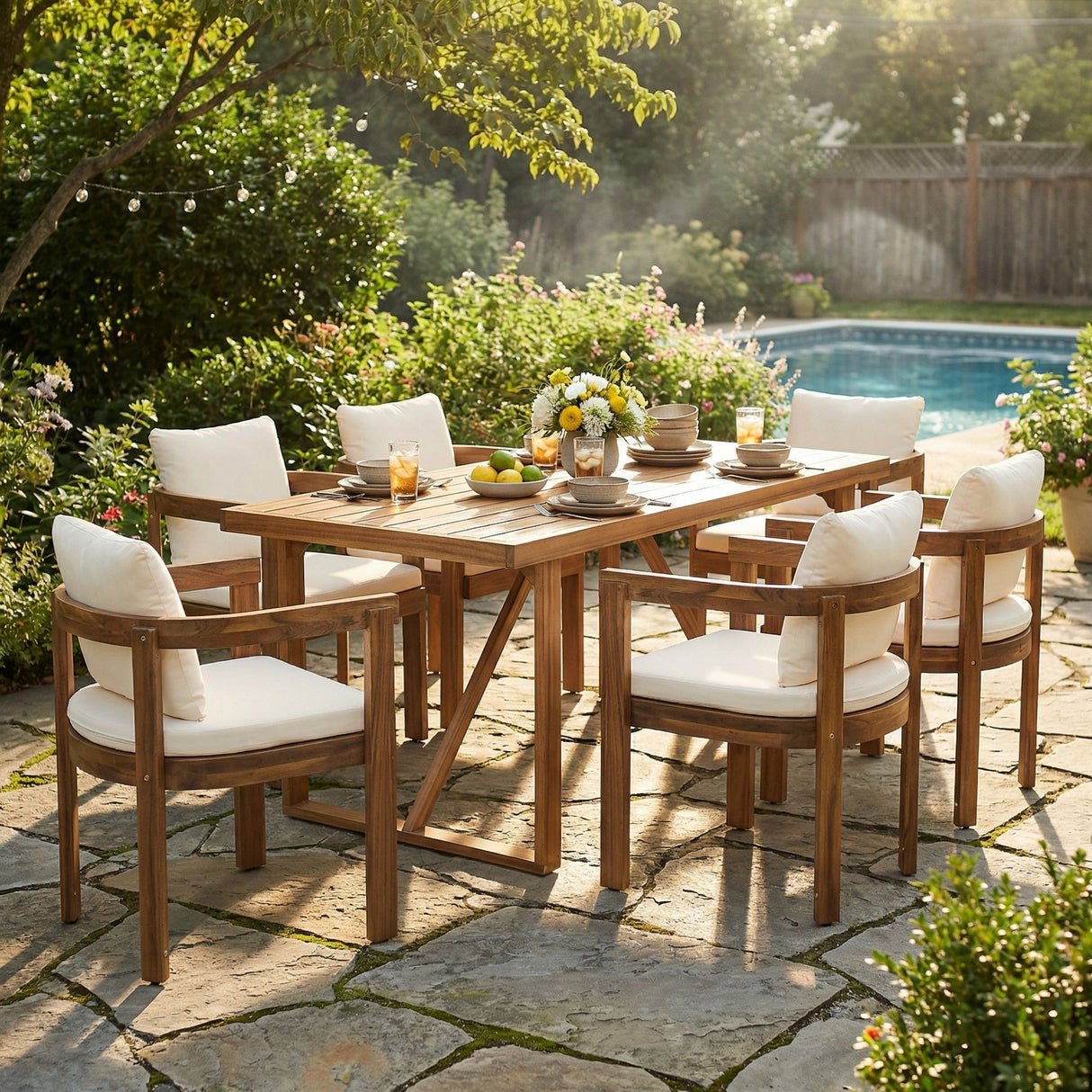 7 Pieces Acacia Wood Outdoor Dining Set with Cream Cushions