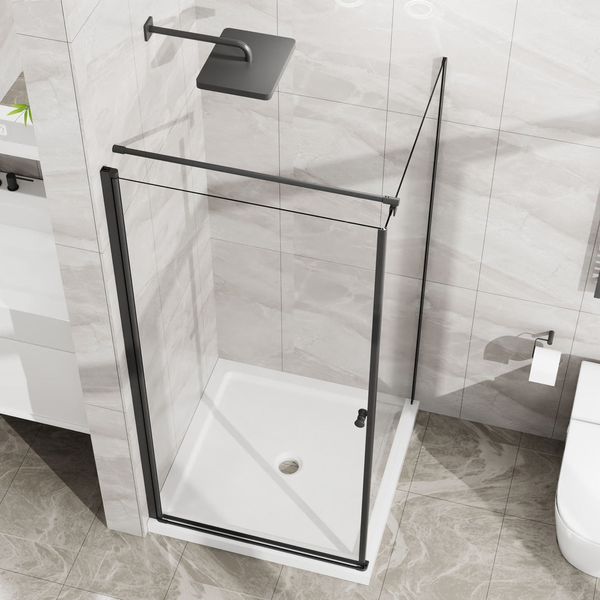 Corner Shower Enclosure with Frameless Pivot Door in Matte Black