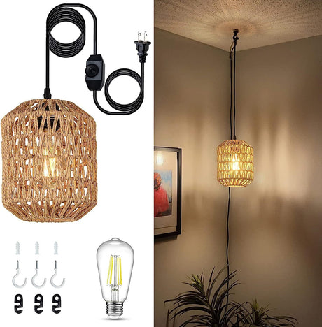 The Handwoven Rattan Pendant Light with Dimmable LED Bulb