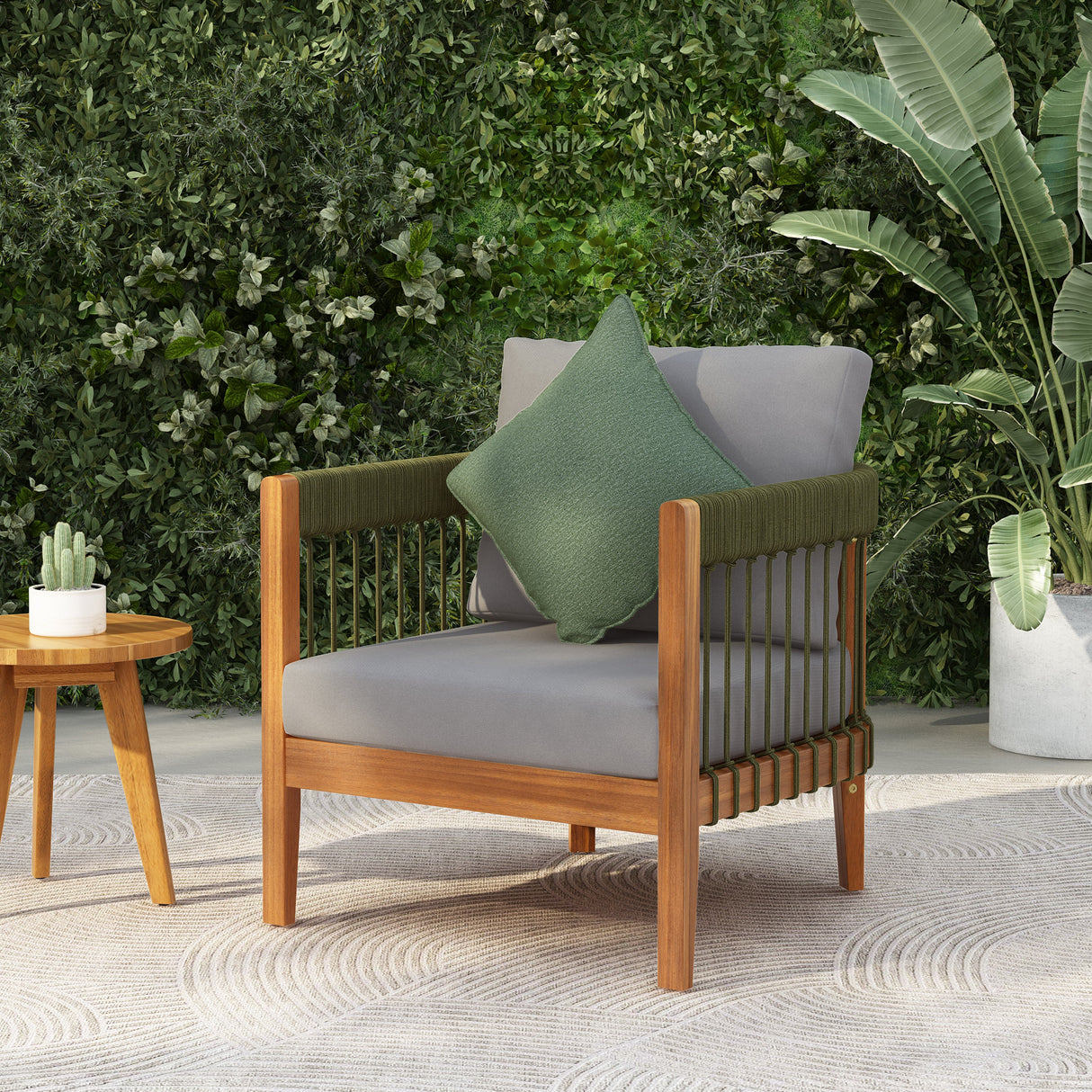 Acacia Wood Outdoor Club Chair with Handwoven Rope Accents