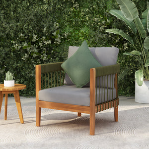 Acacia Wood Outdoor Club Chair with Handwoven Rope Accents