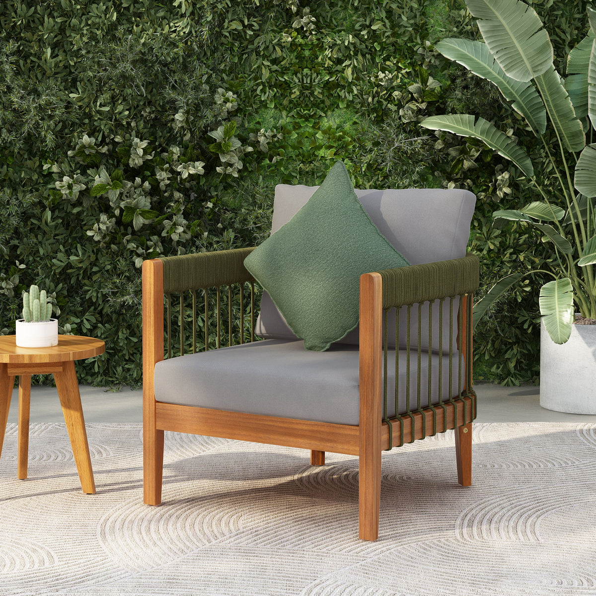 Acacia Wood Outdoor Club Chair with Handwoven Rope Accents - Natural