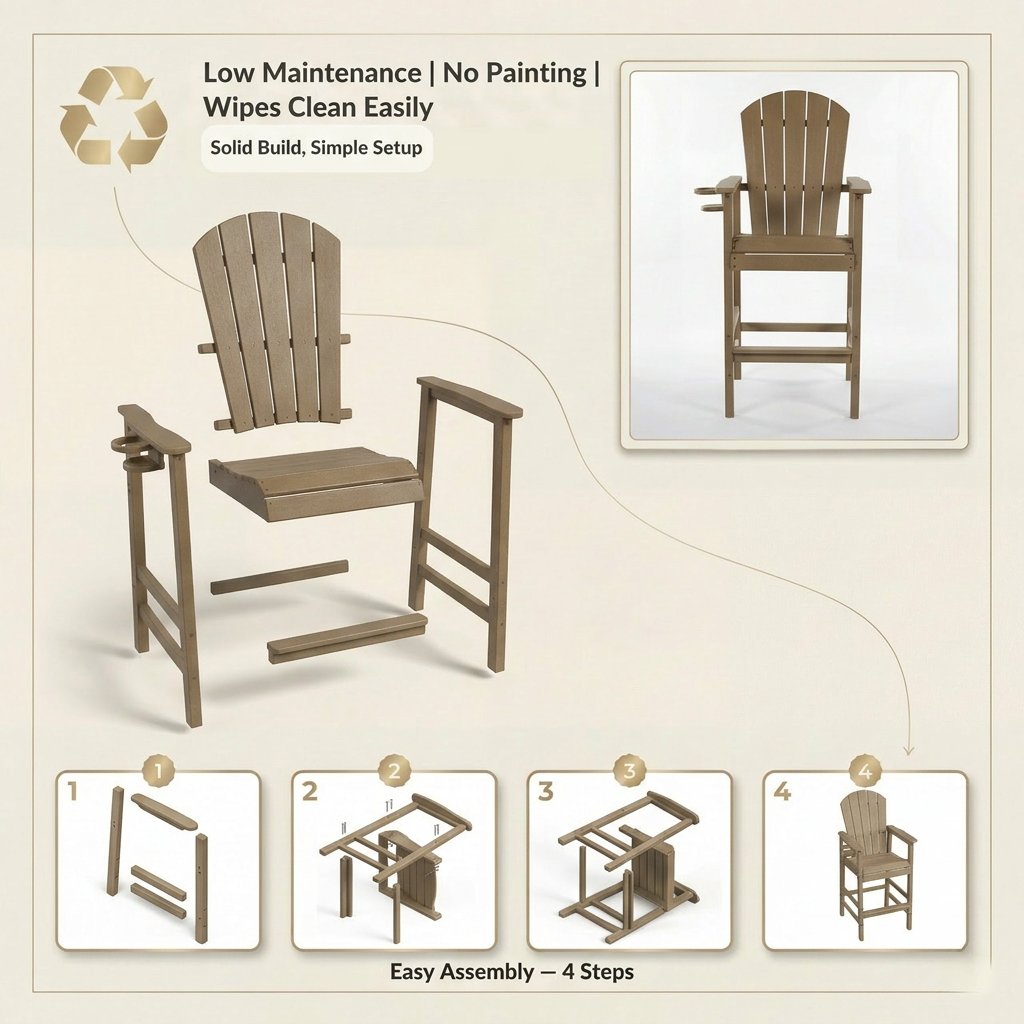 HDPE Bar Height Adirondack Chair with Cup Holder, All-Weather Outdoor Patio Chair