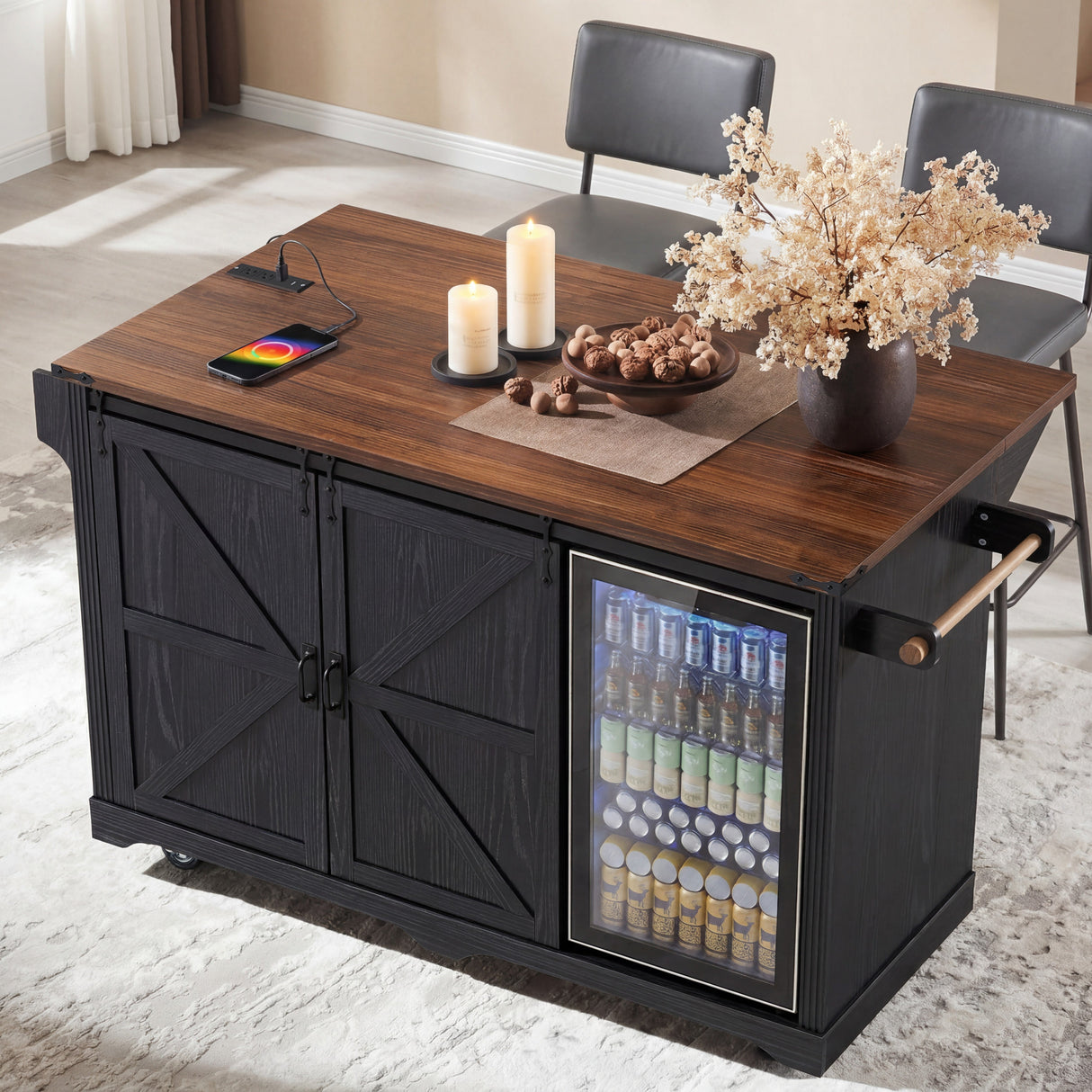 K&K 72" Farmhouse Kitchen Island with Fridge Storage Space & Power Outlet