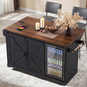K&K 72" Farmhouse Kitchen Island with Fridge Storage Space & Power Outlet