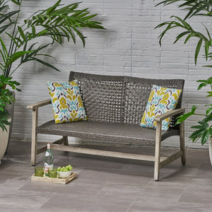 Hampton - Outdoor Wood And Wicker Loveseat - Gray