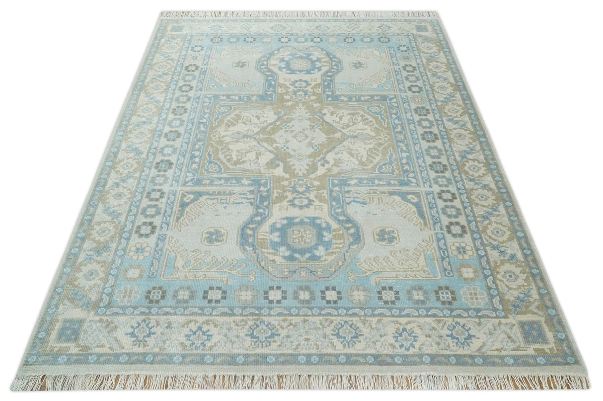 8x10 Hand Knotted Traditional Turkish Blue And Beige Low Pile Area Rug