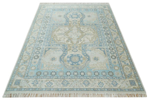 8x10 Hand Knotted Traditional Turkish Blue And Beige Low Pile Area Rug