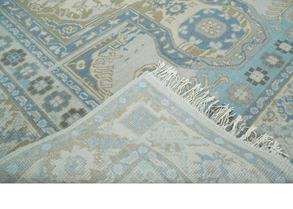 8x10 Hand Knotted Traditional Turkish Blue And Beige Low Pile Area Rug