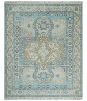 8x10 Hand Knotted Traditional Turkish Blue And Beige Low Pile Area Rug