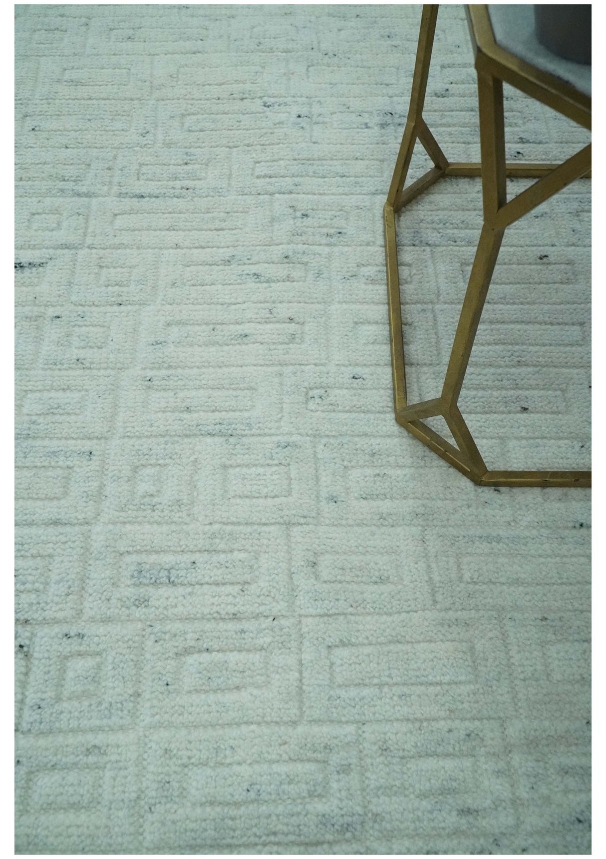 Carved Texture Modern Geometrical Bricks Design Ivory and Light Blue Hand Knotted 5x8 wool Area Rug