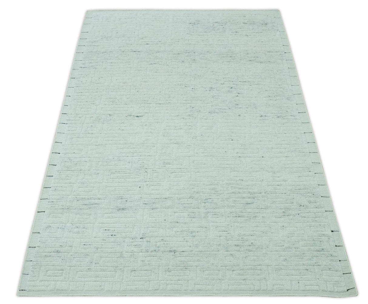 Carved Texture Modern Geometrical Bricks Design Ivory and Light Blue Hand Knotted 5x8 wool Area Rug