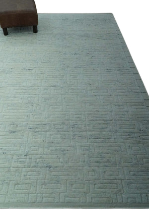 Carved Texture Modern Geometrical Bricks Design Ivory and Light Blue Hand Knotted 5x8 wool Area Rug