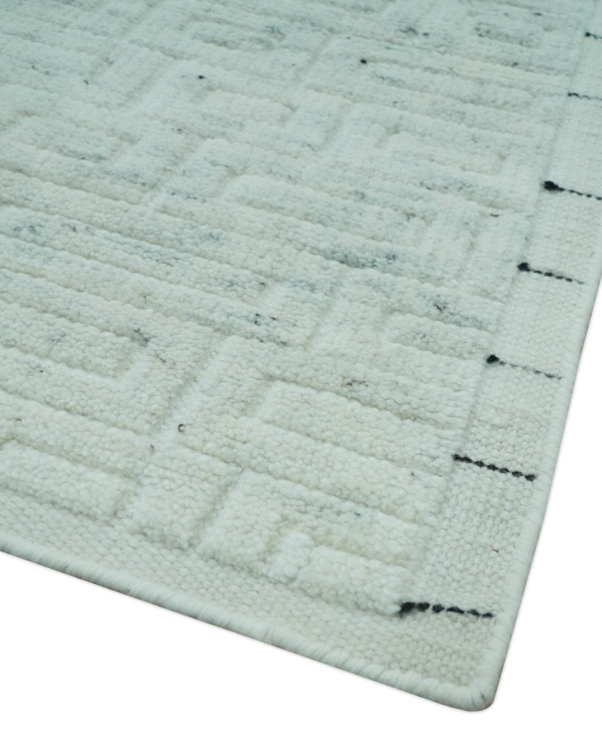 Carved Texture Modern Geometrical Bricks Design Ivory and Light Blue Hand Knotted 5x8 wool Area Rug