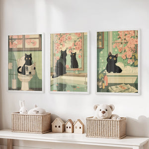 Funny Bathroom Poster. Japan Cat Pooping Wall Art Set of 3