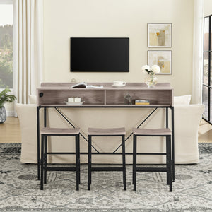 59 Inch Bar Table with Stools and LED Light