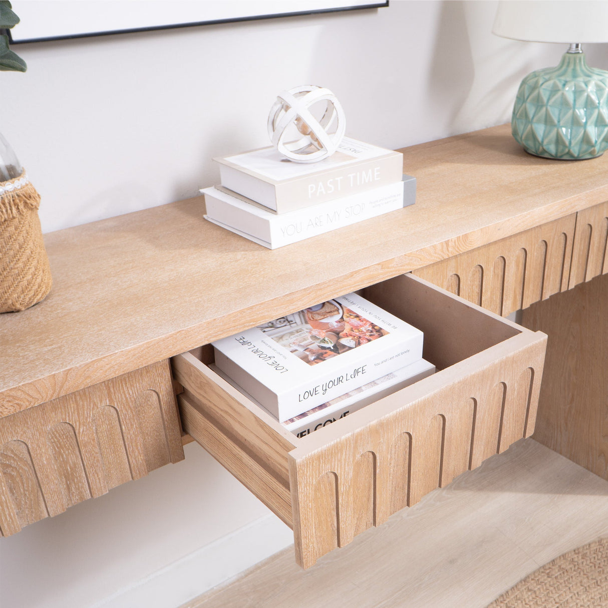 Modern Console Table with 4 Drawers – 59.2 Entryway Table in Natural Wood Finish