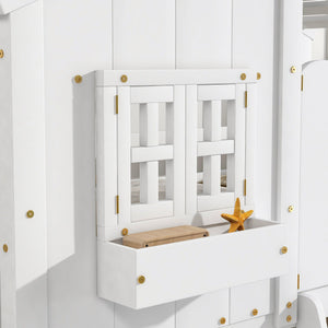 House Bunk Bed With Roof, Window, Window Box, Door, With Safety Guardrails And Ladder