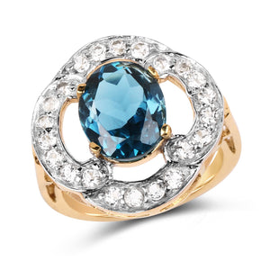 14K Yellow Gold Plated 5.13 Carat Genuine London Blue Topaz & White Topaz .925 Sterling Silver Ring