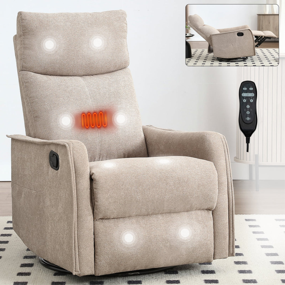 Heat Massage Manual Recliner Chair with Rocker and Swivel in Khaki