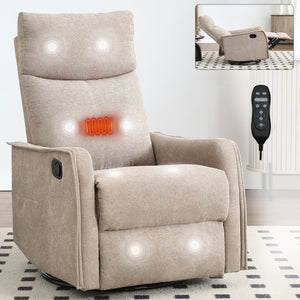 Heat Massage Manual Recliner Chair with Rocker and Swivel in Khaki