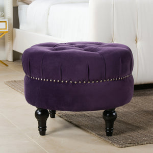 Dawn Tufted Round Ottoman in Purple Velvet with Nailhead Accents