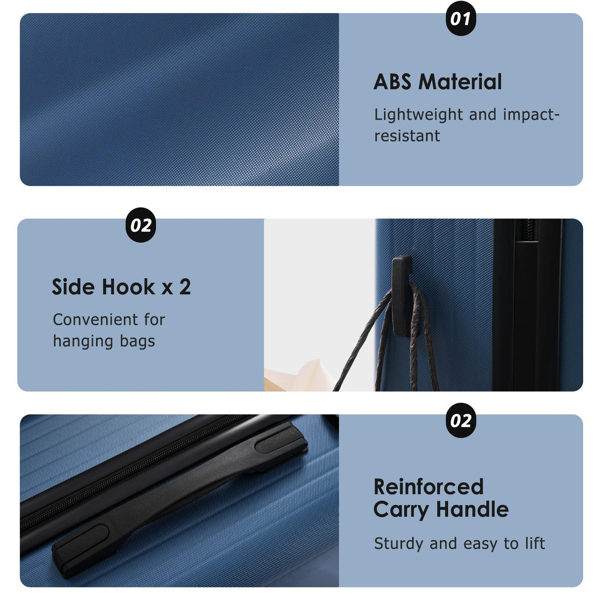 Luggage Set 3 Piece Lightweight Durable ABS Suitcases with TSA Lock