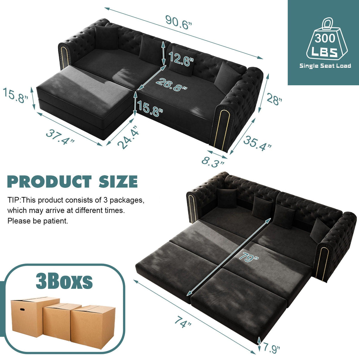 3-In-1 Convertible Sleeper Sofa With Movable Ottoman For Living Room