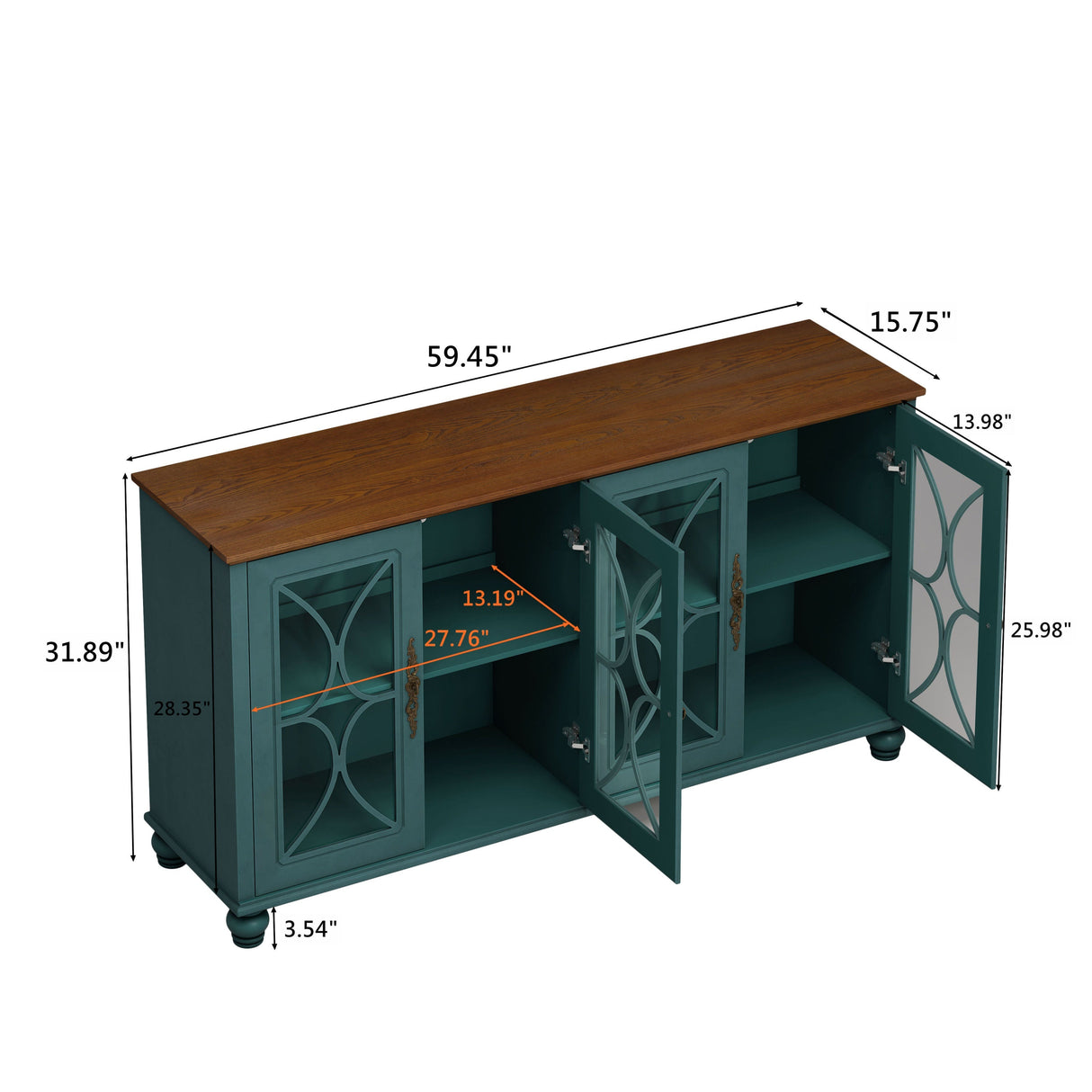 Elegant European Antique Style 4-Door Cabinet with Tempered Glass Doors, Dark Green MDF with Wood Veneer and Solid Wood Legs, 59.45L x 15.75W x 31.89H inches