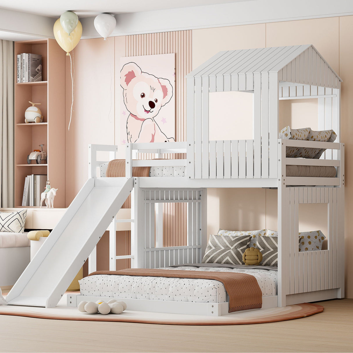 Loft Bunk Bed With Playhouse, Farmhouse Style, Ladder, Slide And Guardrails