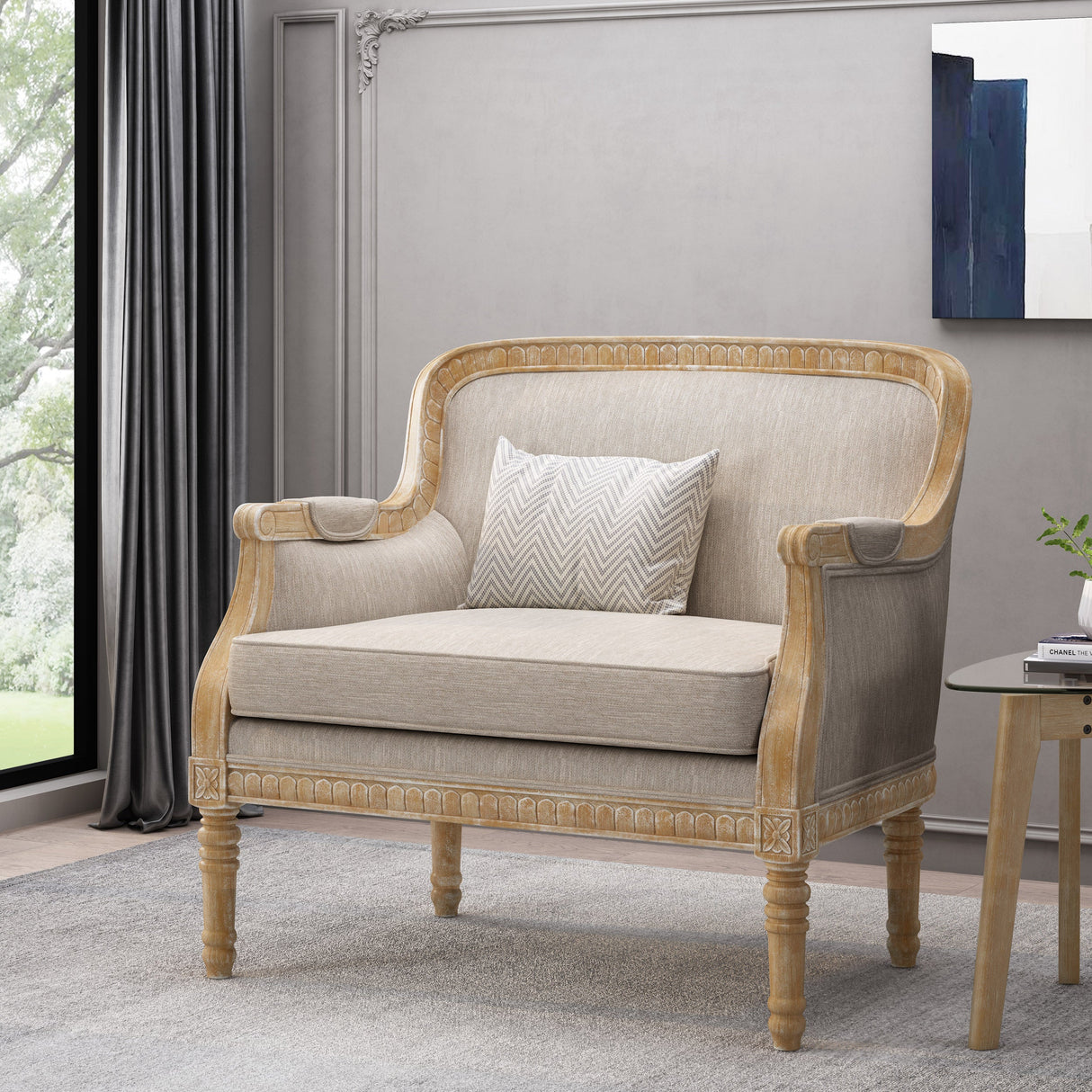 Becoming Upholstered Club Chair with Turned Leg and Carved Design