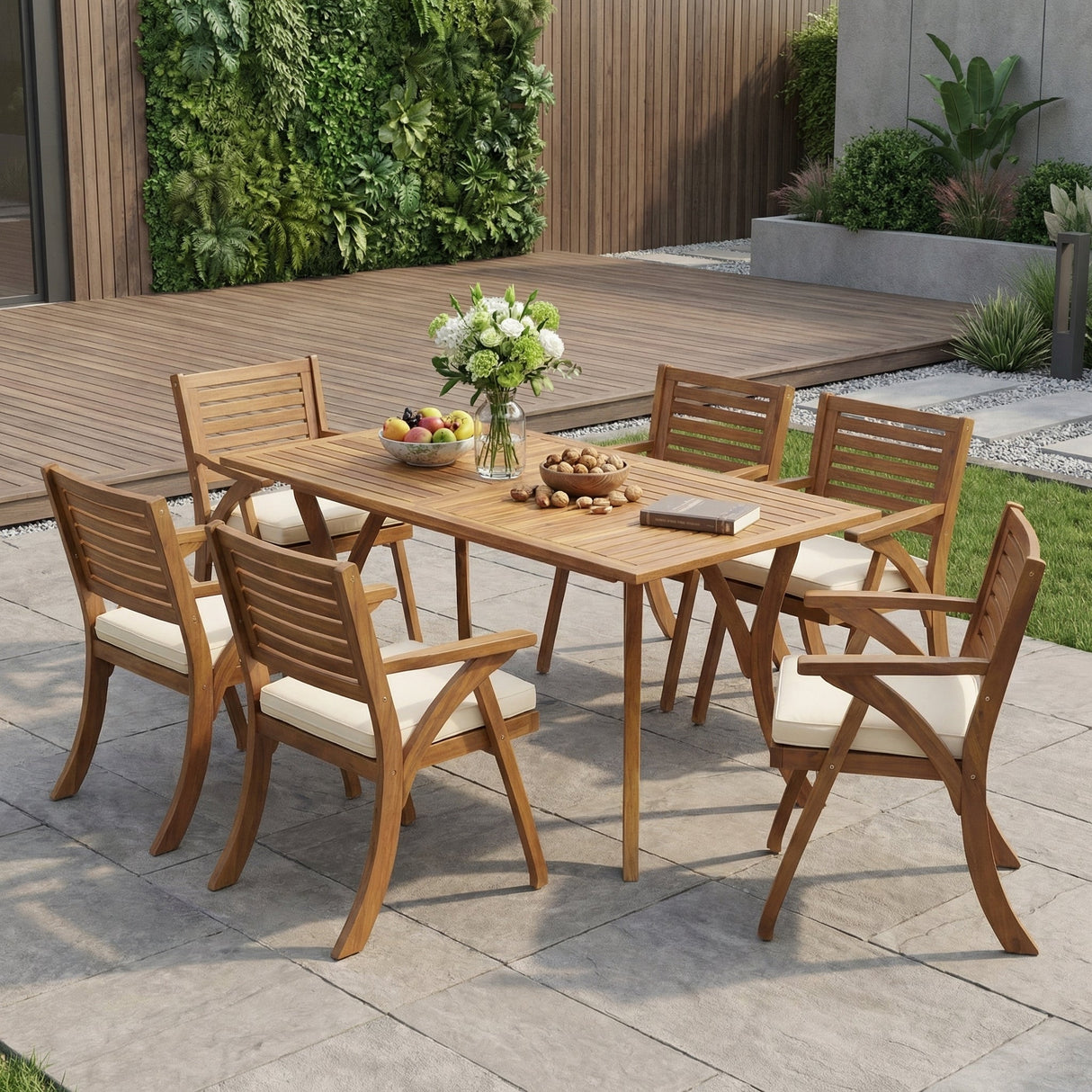 Outdoor Hermosa 7 Piece Wood Dining Set with Cushions