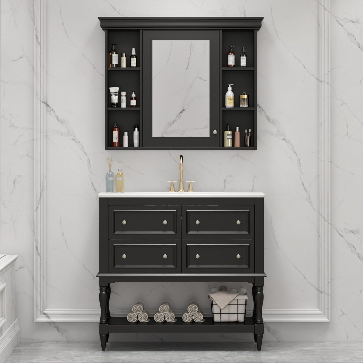 Bathroom Vanity With Medicine Cabinet, Storage Cabinet With 4 Drawers, Adjustable Shelf Mirror